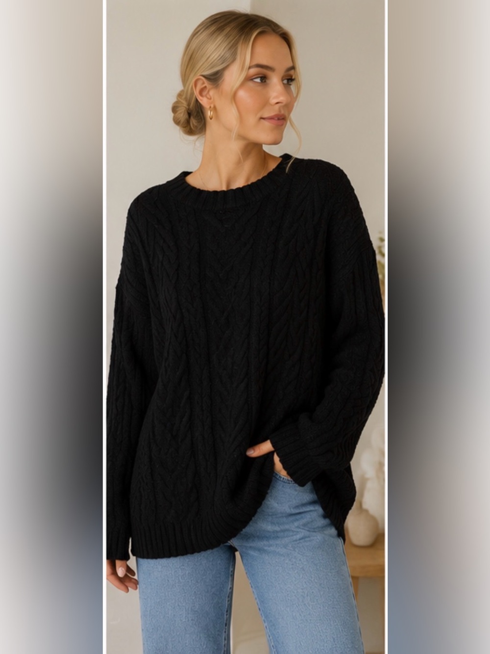 Joseph A Black Cable-Knit Crewneck Sweater